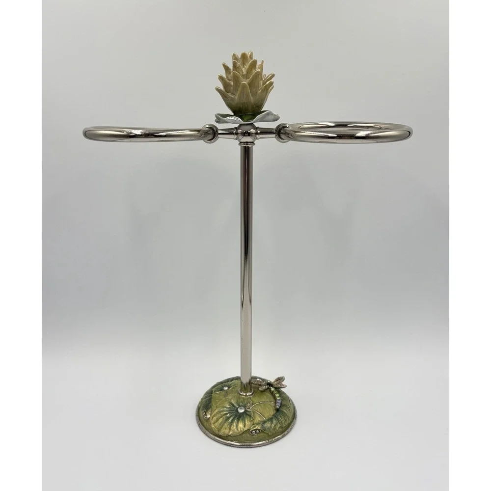 Vintage Jay Strongwater Dragonfly Lotus Double Hand Towel Holder Vanity Stand